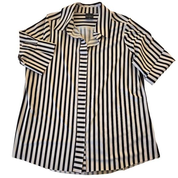 Belyn Key Womens Black White Stripe Short Sleeve Wrinkle Resistant Blouse Medium - Picture 4 of 11